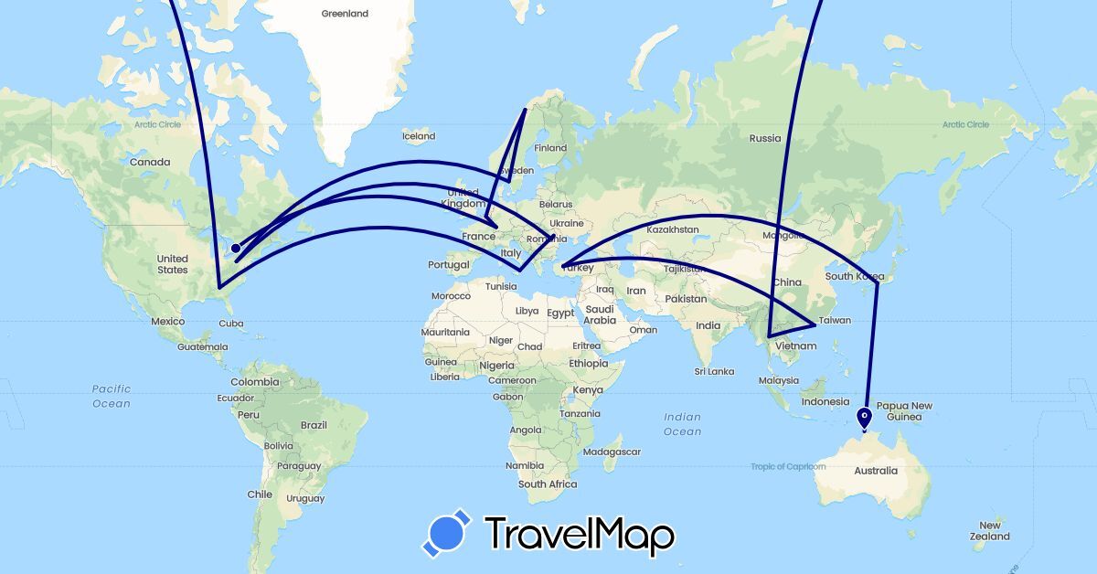 TravelMap itinerary: driving in Australia, Belgium, Canada, China, France, United Kingdom, Italy, Japan, Norway, Romania, Sweden, Thailand, Turkey, United States (Asia, Europe, North America, Oceania)